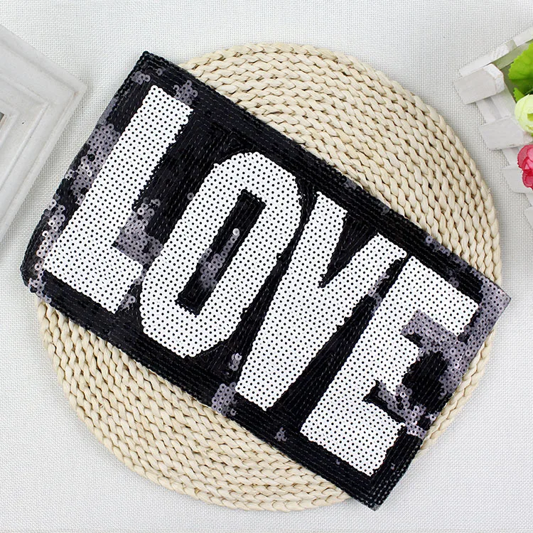 

Free shipping black and white LOVE Embroidered sew on patches for clothes sequins patch deal with it clothing DIY Motif Applique