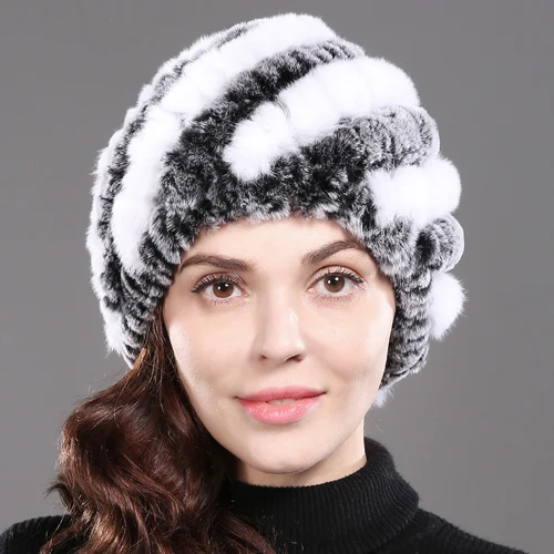 grey white Хорошие эластичные трикотажные Настоящий мех кролика шапки бини шапки Шапки Для женщин с мехом кролика меховые шапочки шляпа натуральным шапки из меха кролика рекс - Цвет: grey white