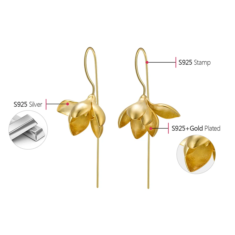 Lotus Fun, настоящее 925 пробы, серебряные серьги, дизайнерские, хорошее ювелирное изделие, 18K золото, элегантные, цветок магнолии, свисающие серьги для женщин