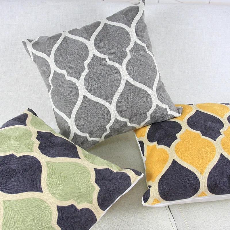 

Home Decor Emboridered Cushion Cover Grey Geometric Yellow Green Morroccan Canvas Cotton Suqare Embroidery Pillow Cover 45x45cm
