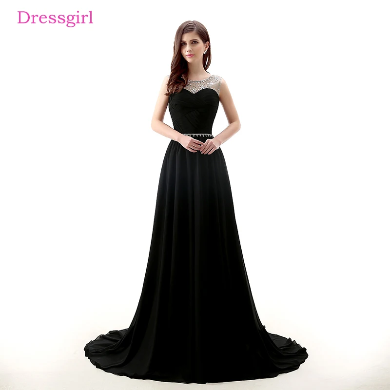 

Black Evening Dresses 2017 A-line Cap Sleeves Chiffon Beaded Elegant Women Long Evening Gown Prom Dress Robe De Soiree