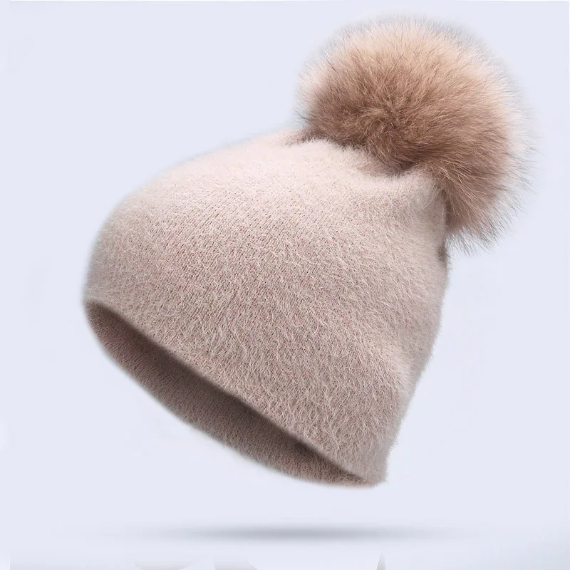F Девушка Для женщин зима теплая Skullies шапочки Кролика трикотажные шапочки с натуральным мехом Pom Hat Кепки мягкие однотонные енота меховым помпоном Bone - Цвет: F