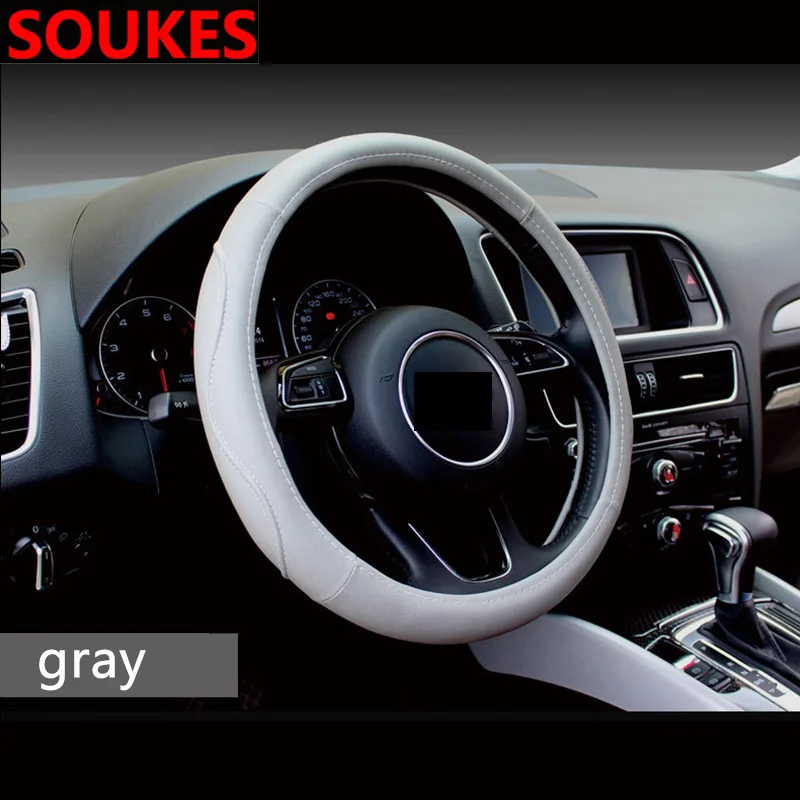 gray 38 см Натуральная кожа для Audi A3 A6 C5 C6 VW Polo Toyota Corolla Renault Duster Lada Vesta автомобильный Стайлинг крышка рулевого колеса - Название цвета: gray