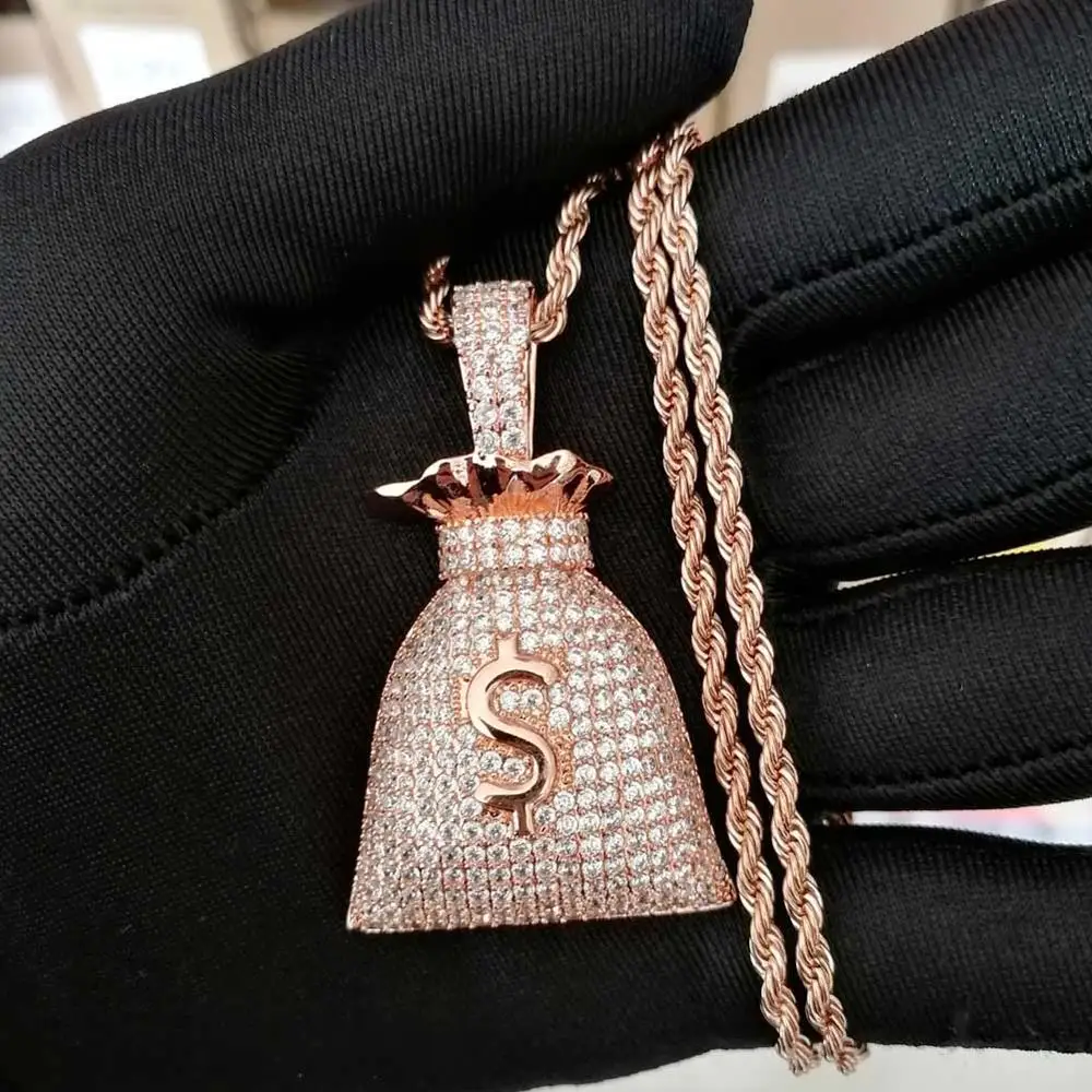 rose gold Ювелирные изделия в стиле хип-хоп, медный материал, для мужчин и женщин, ICED OUT AAA CZ, сумка для денег, кукольный кулон, ожерелье CN045 - Окраска металла: rose gold
