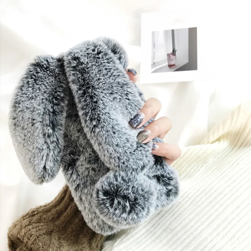 3D Cute Rabbit Hairy Warm Fur Bling Rhinestone Bunny Cover Case For iPhone X xs max xr 10 4 5 5S SE 6 6S 7 8 Plus Soft TPU Shell |