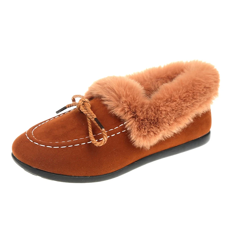 Women's Flats Fall Winter 2019 Fashion Fleece Faux Fur Loafers Black Brown Grey with Lace Bow Female Shoes | Обувь