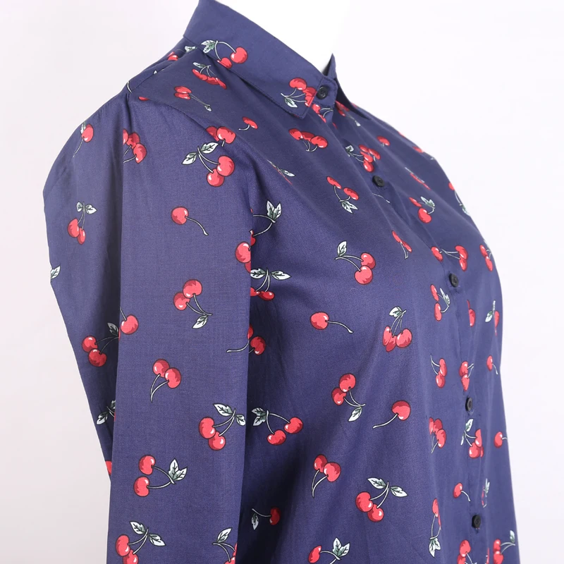 azouari 2017 autumn new XL XXL 3XL 4XL 5XL blue cherry pattern long section washed cotton fashion cut Plus size women's shirt |