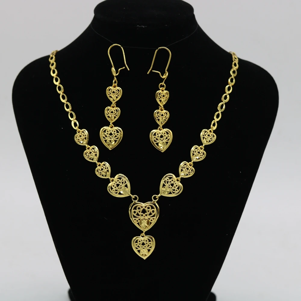 

Heart Pendant+Earrings Jewelry Set Yellow Gold Filled Classic Womens Wedding Party Accessories Gift
