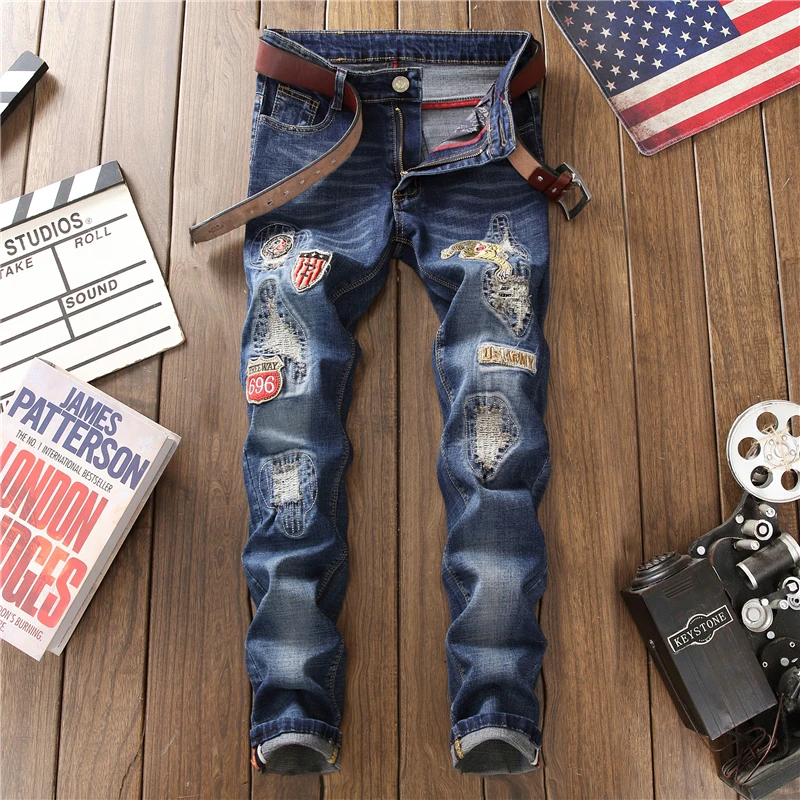 2018 New Spring Summer Fashion Men Jeans Pants Slim Holes Embroidery Denim quality cotton Elastic Hip Hop jeans pant | Мужская одежда