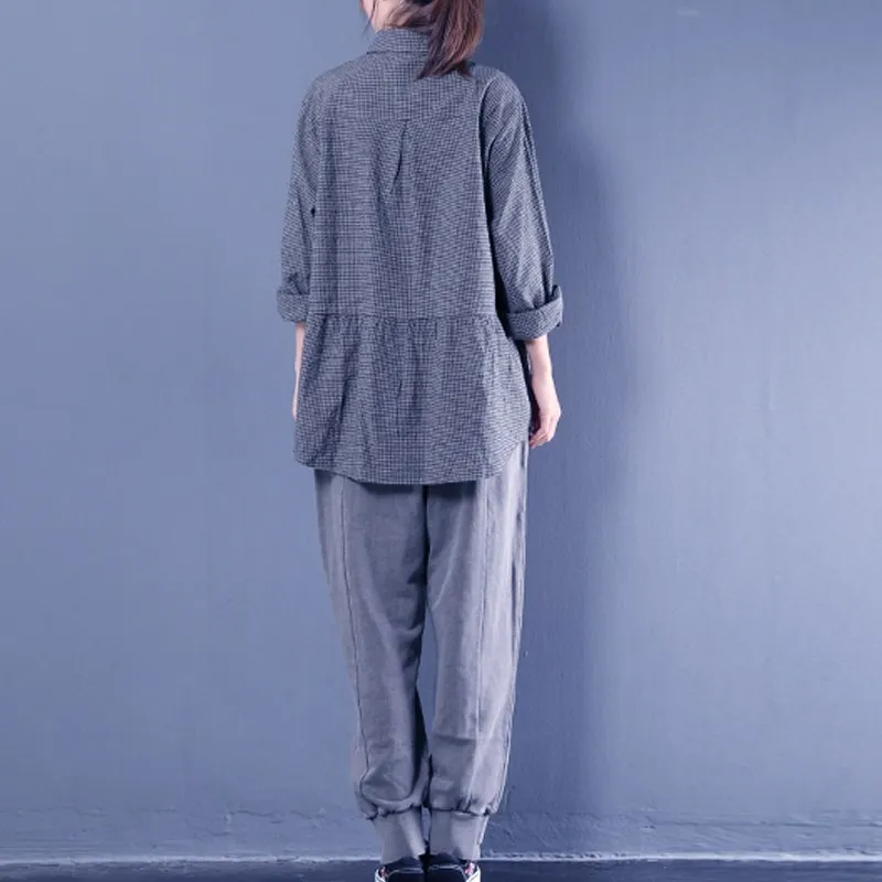 ZAZNEA, женская блузка, модная, осенняя, с оборками, Blusas, с отворотом, OL, рубашка, Повседневная, на груди, с карманами, на пуговицах, в клетку, топ размера плюс