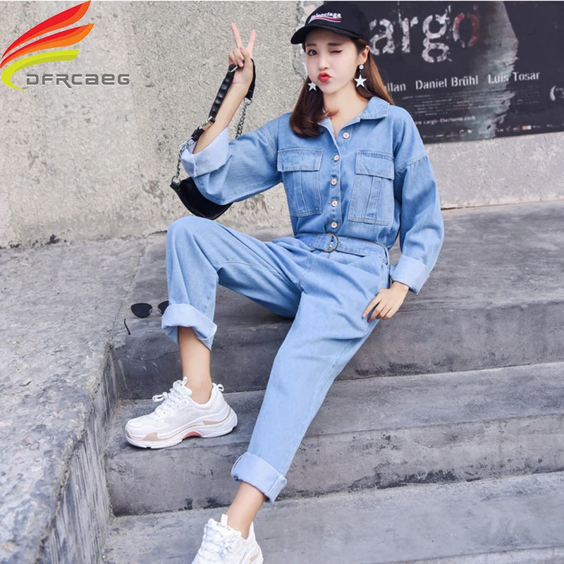 Женский джинсовый комбинезон с поясом элегантный длинный повседневный из денима