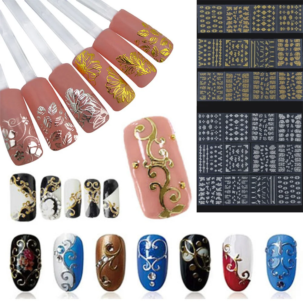 12 шт./компл. Pro 3D сделай сам металлик красота золото серебро стикеры 3D на ногти Nail Art Наклейки Цветок Инструменты для маникюра цветок наклейки для ногтей