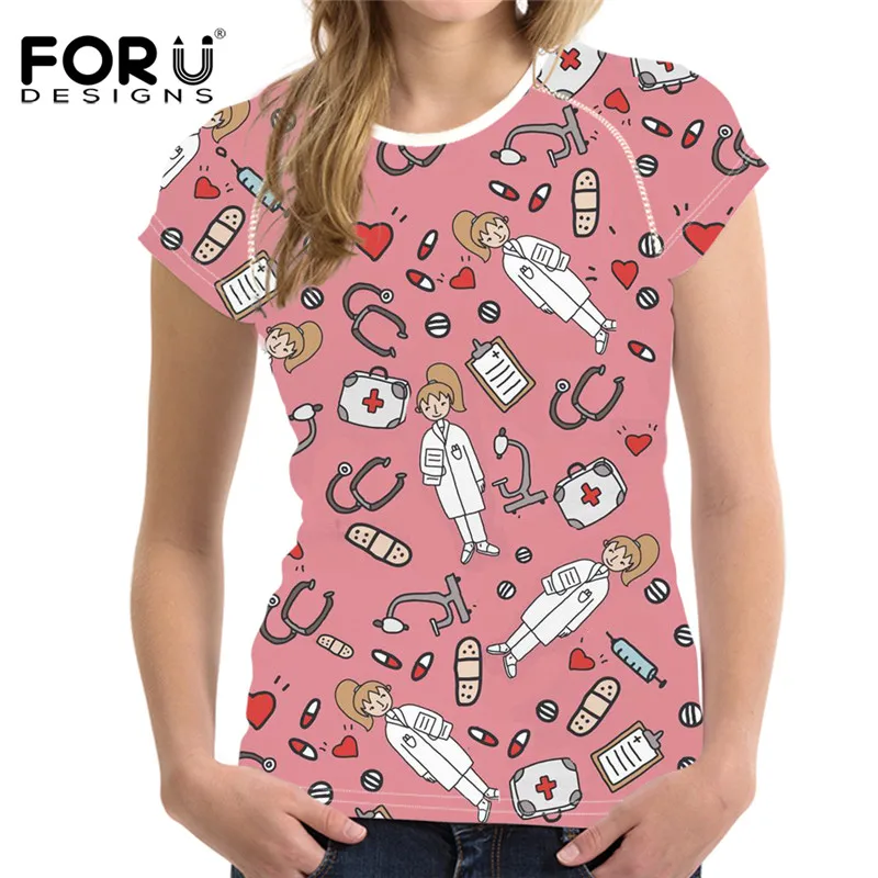FORUDESIGNS/розовая футболка с круглым вырезом и короткими рукавами для медсестер