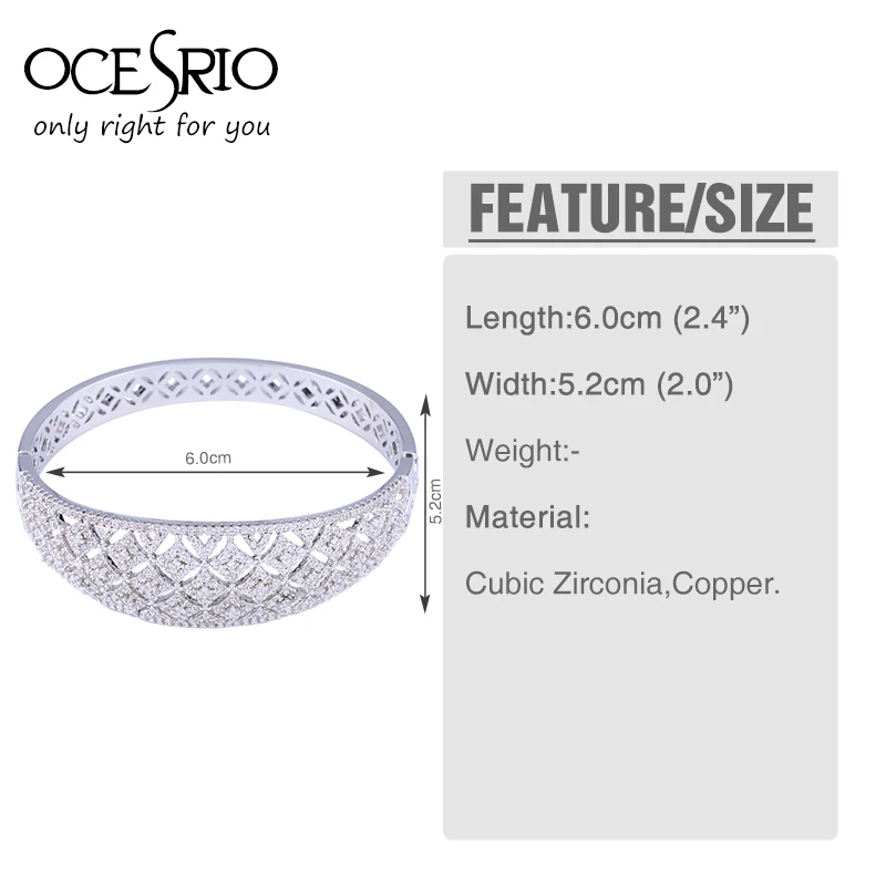 Женский широкий браслет серебристого цвета OCESRIO роскошный из белого золота с