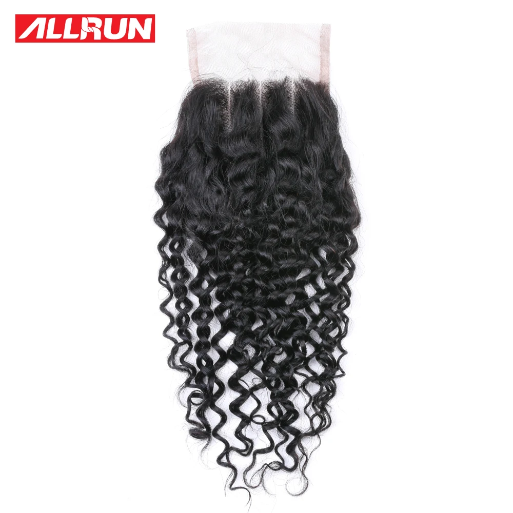 Allrun Kinky Curly кружева закрытия человеческих волос бесплатно/средний/три части 4x4