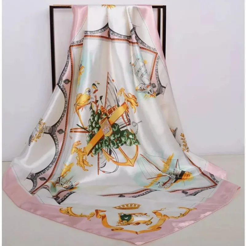 Шелковые шарфы для женщин с принтом Foulard, атласные шарфы с квадратной головкой хиджаб для дам, роскошные брендовые шали 90*90, бандана, большой шарф - Цвет: 03