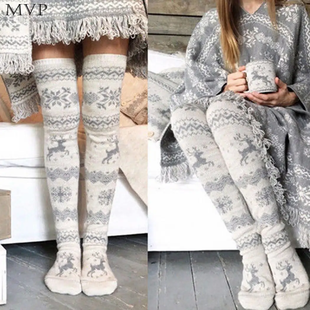Women Christmas Pattern Stretchy Thigh High Absorb Sweat Anti-friction Breathable Cotton Fall Winter Socks | Женская одежда