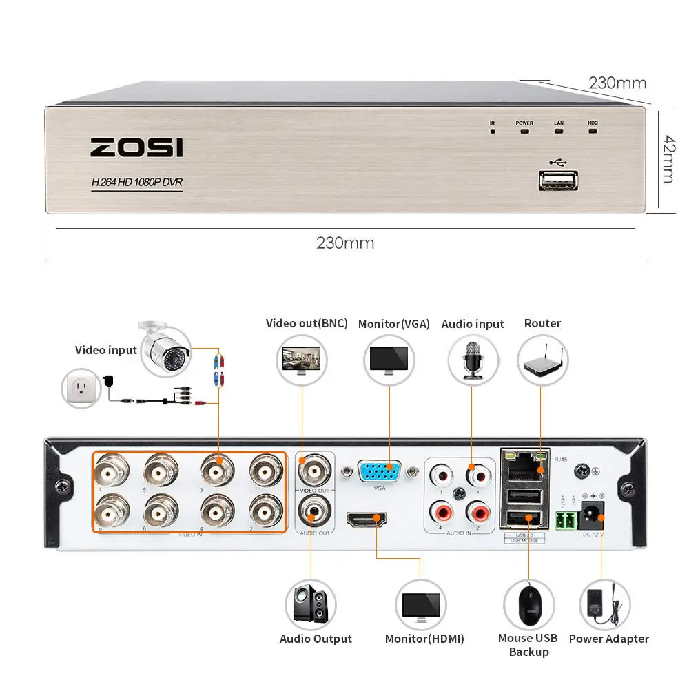 ZOSI 8CH 1080N TVI H.264+ 1 ТБ 8CH DVR 8 720P Наружная цилиндрическая/купольная CCTV видео система камер домашней безопасности комплекты видеонаблюдения
