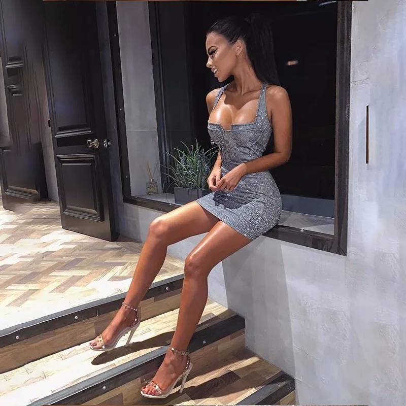Светоотражающий блестящий сексуальный спагетти ремень Bodycon платье для женщин