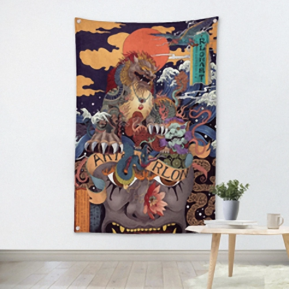 Потертый шик японский ukiyo-e тату рисунок Флаг Баннер винтажный плакат на стену Наклейка гобелен декоративное украшение на стену для кафе для дома Декор