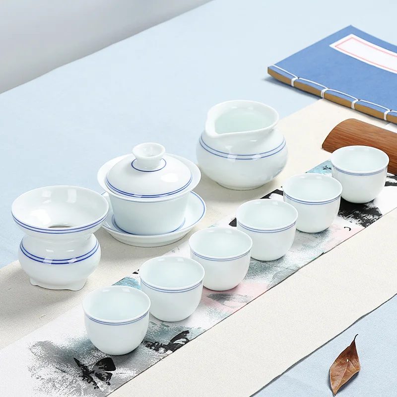 Фабрика jingdezhen, прямая, белый фарфоровый чайный сервиз высокого качества, ручная роспись, голубой двухлинейный чайный сервиз для кунг-фу