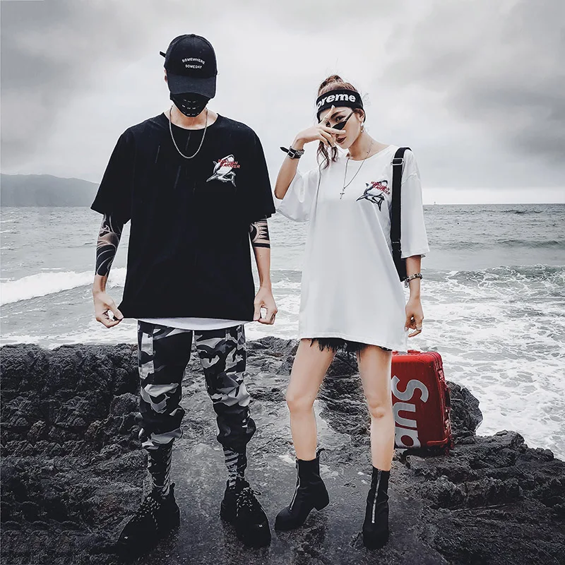 2019 летняя новая футболка с короткими рукавами принтом акулы Harajuku Hip-Hop Street Высокое