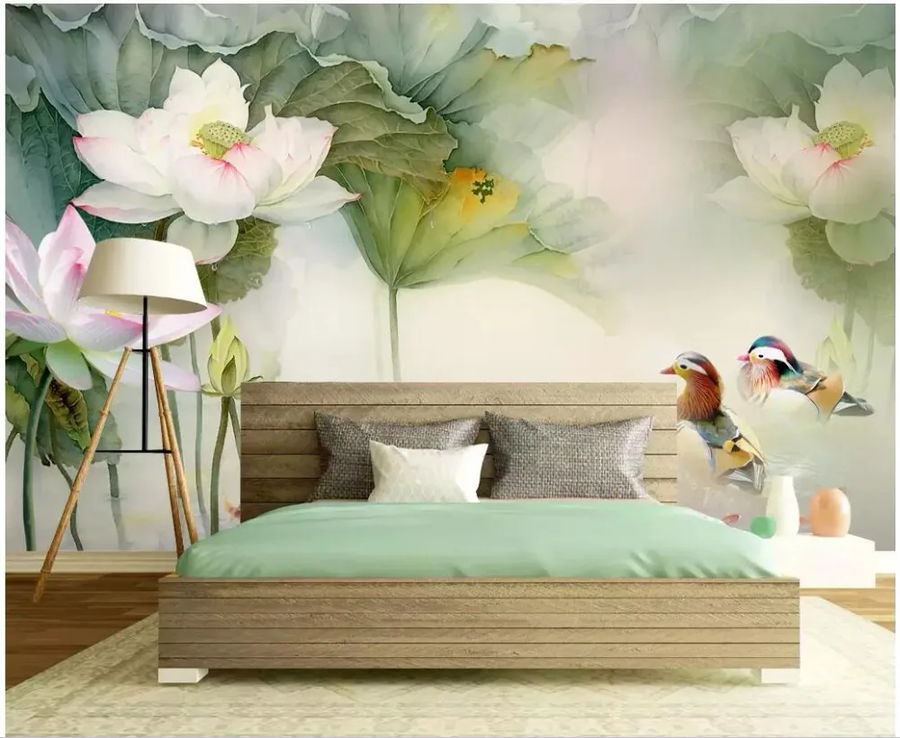 3d photo wallpaper custom mural Pond lotus leaf mandarin duck background wall home decor murals for walls 3 d | Обустройство дома