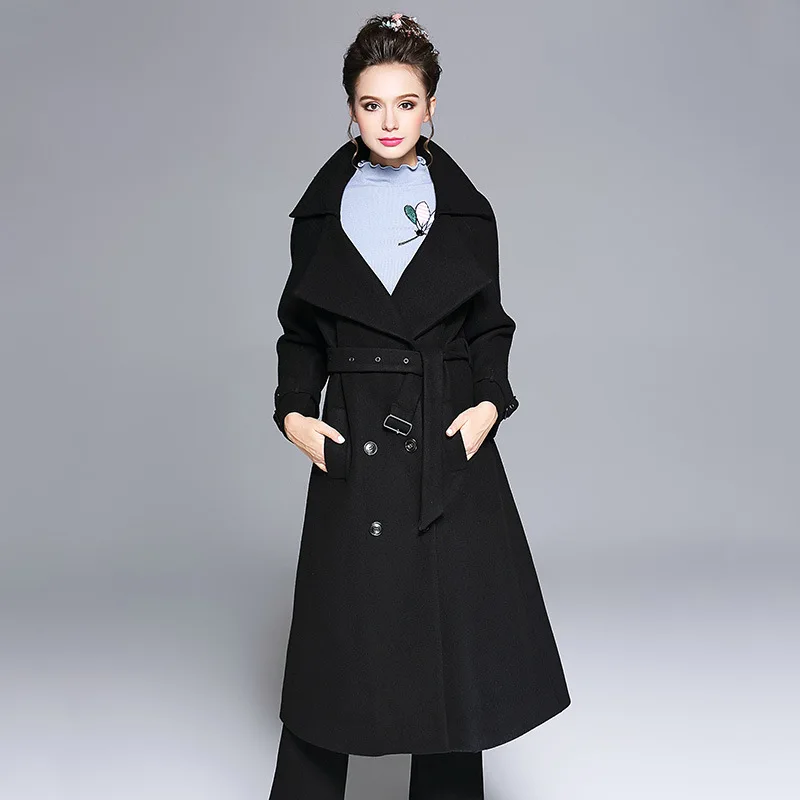 2017 Модные женские длинные шерстяное пальто с отложным воротником бушлат