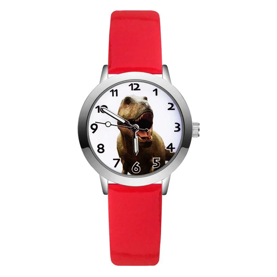 Red Модные милые детские часы с динозавром из мультфильма; кварцевые кожаные Наручные часы для мальчиков и девочек; JA50 - Цвет: Red