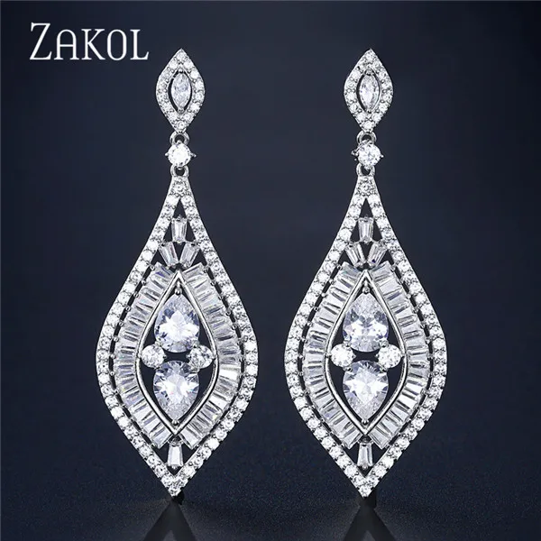 Sliver Color ZAKOL известный свадебный дизайн Роскошные Популярные багет кубического циркония модные серьги с подвесками ювелирные изделия FSEP2257 - Окраска металла: Sliver Color