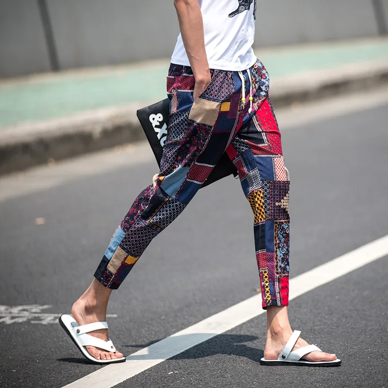 Брюки мужские льняные до щиколотки трендовые штаны шаровары с ремешком в виде