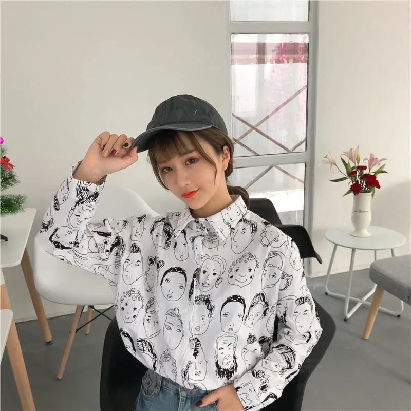 Женские мультфильм лица для печати на пуговицах за размер Блузка 2019 весенние