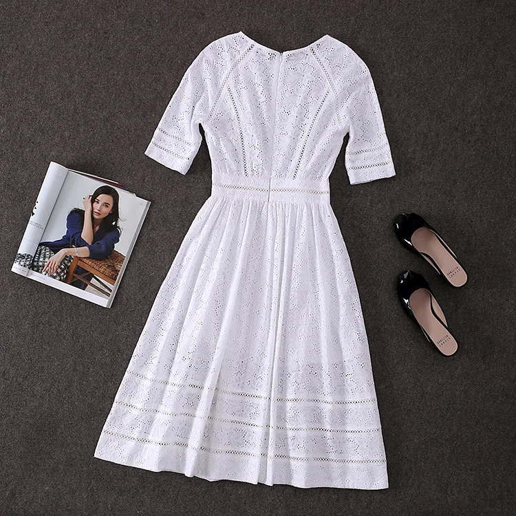 

100%Cotton!Top Quality New Designer Fashion Collection 2019 Style Autumn Dress Women Hollow Out Embroidery Mid-Calf Cotton Dress