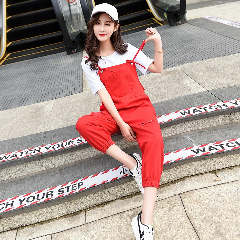 Женский джинсовый комбинезон с дырками 5 цветов весенне-осенний рваный на