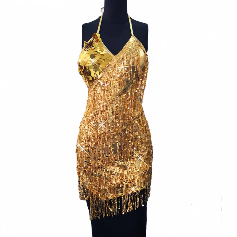 gold dress FestivalQueen блестящее мини-платье с лямкой на шее, блестящая бахрома, кисточка, золочение, сценическое платье с открытой спиной для латинских танцев для женщин - Цвет: gold dress