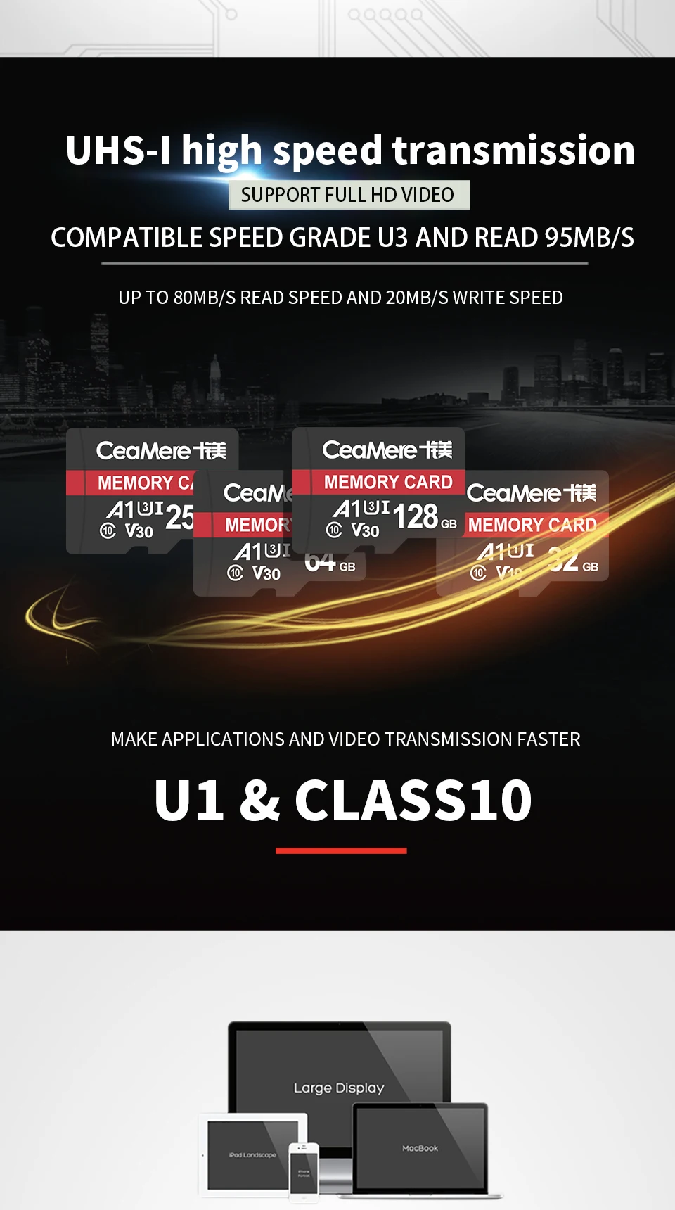 CeaMere карта памяти 256 ГБ 128 Гб 64 Гб U3 UHS-3 32 ГБ Micro sd карта класс 10 UHS-1 флэш-карта памяти Microsd TF/sd карта s для планшета