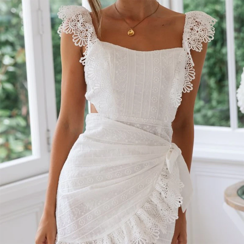 Хлопковое белое платье PREISEI пикантное милое кружевное мини трапеция с вышивкой и