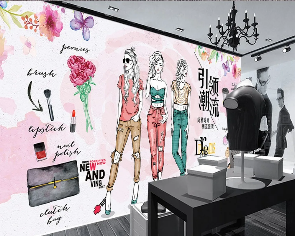 Бесплатная доставка Модные акварельные ручная роспись магазин одежды фон стены