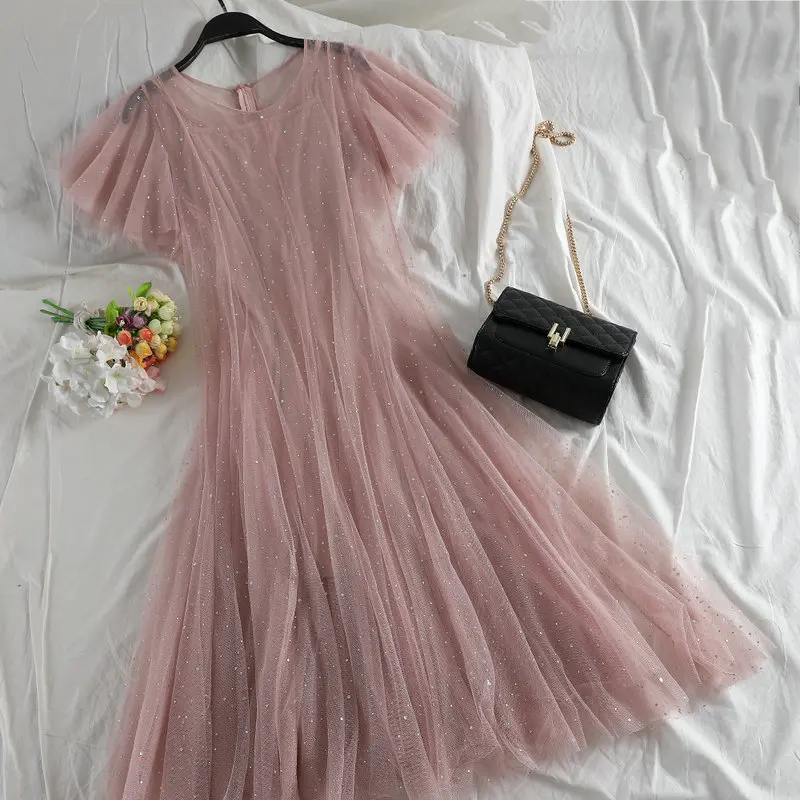 Women Dress Для женщин лето Flare рукавом блестками Тюль бальное платье Винтаж Эластичный Тонкий сетки сетчатая вуаль пуловер Плиссированные Миди - Цвет: Women Dress