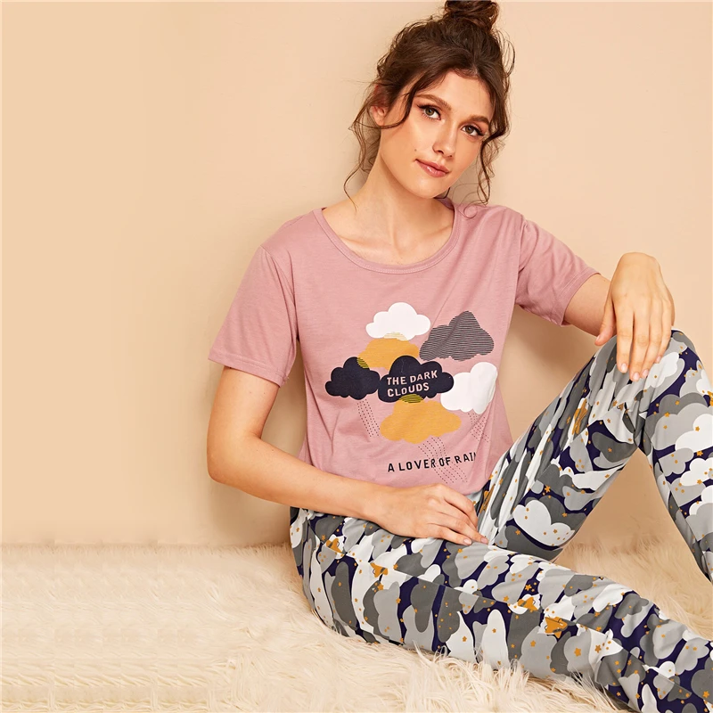 Dotfashion, летние пижамы для женщин, с принтом облаков и звезд, топ и штаны, набор,, короткий рукав, пижама, женские длинные пижамные комплекты