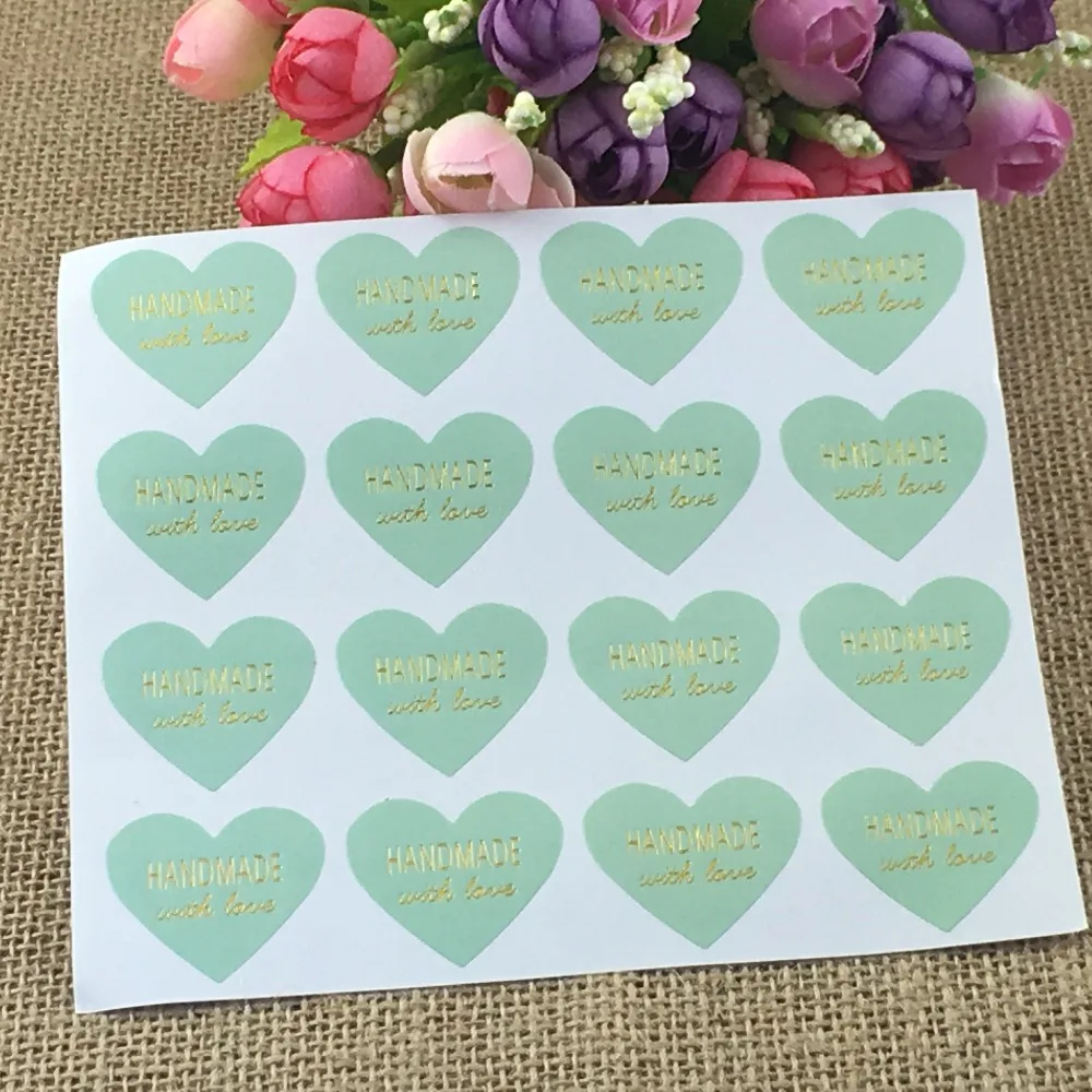 2000Pcs Mint Green Heart Shape Hot Stamping Sticker Labels Printed With Handmade Love and Thank You Self Adhesive Stickers | Канцтовары