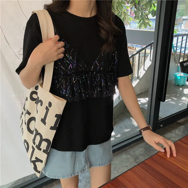 Alien Kitty Hot Fresh Summer Patchwork Short-Sleeved Sweet Fake Two Pieces Casual Elegant Free T-Shirts | Женская одежда