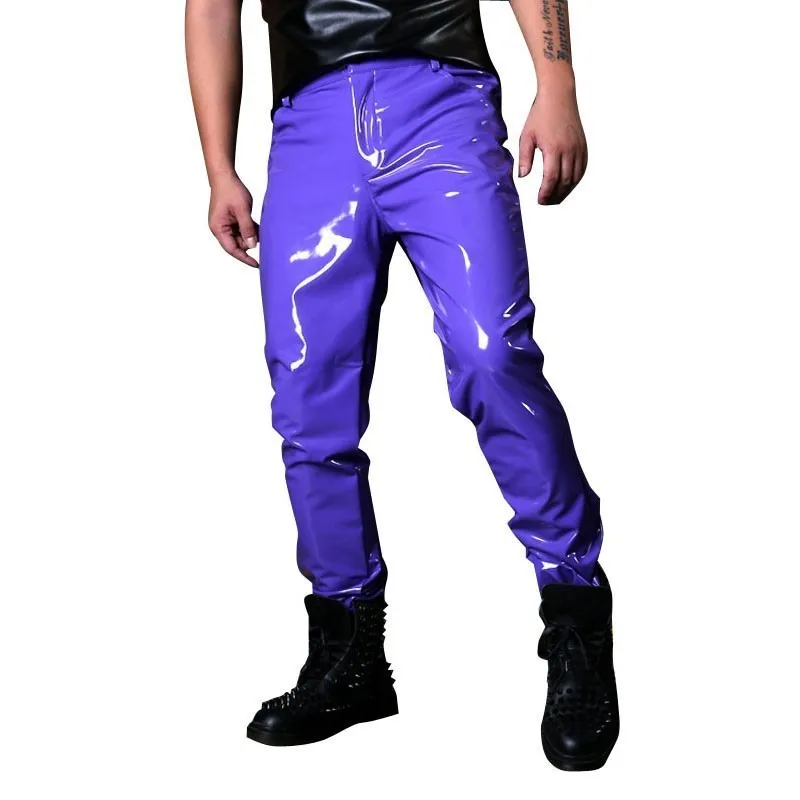 

Made Stage Costumes Men Purple Casual Leather Pant Male Fashion Show Singer Dancer Hip Hop Style Slim Fit Trousers Custom