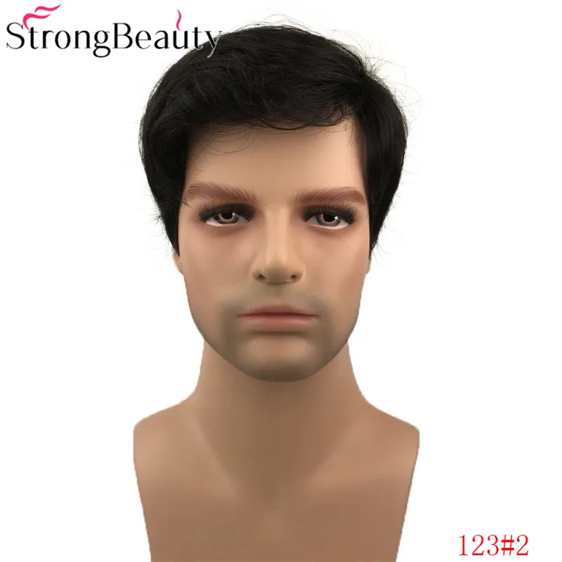 StrongBeauty короткие прямые синтетические мужские парики натуральный черный/серый полный монолитным парик термостойкие волосы