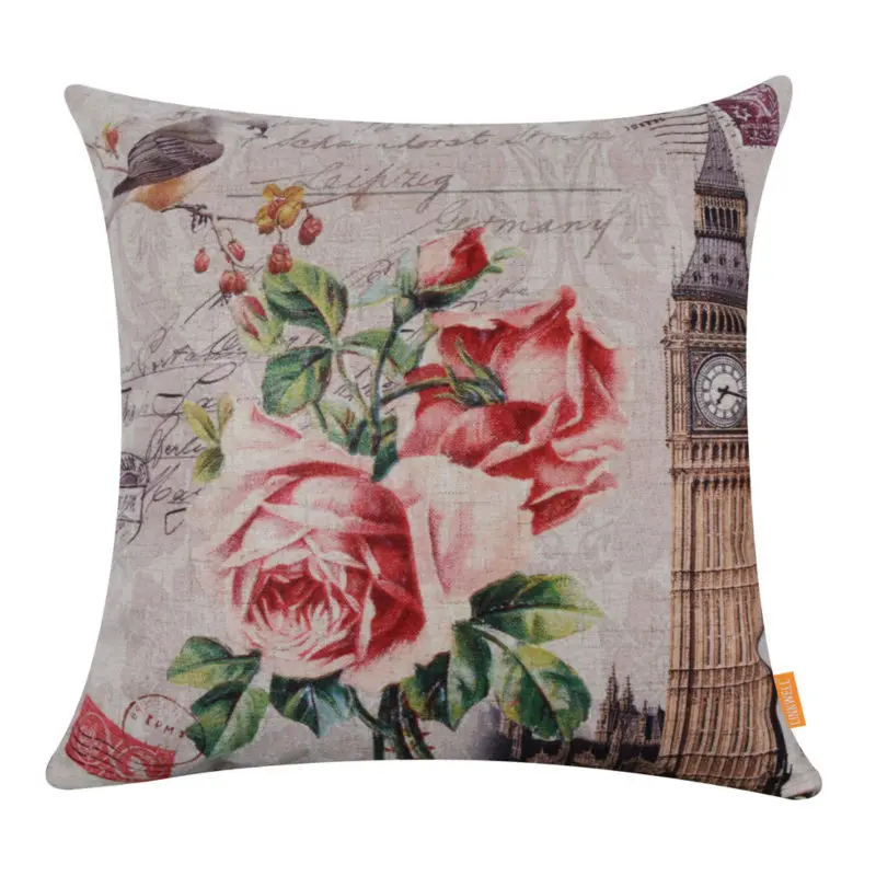 

LINKWELL 45x45cm Fashion United Kindom UK London Big Ben and Pink Rose Bird Flower Linen Decor Throw Pillowcase Cushion Covers