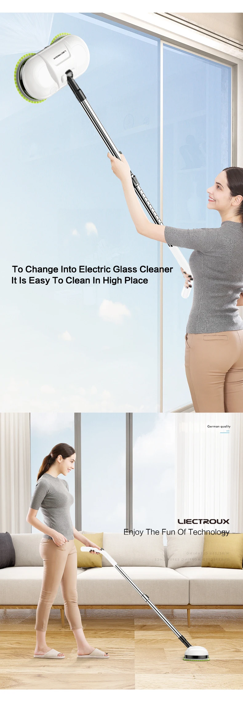 LIECTROUX Беспроводная электрическая швабра с водным спаем, воском, мокрого пола Робот очиститель, низкий уровень шума, светодиодный свет