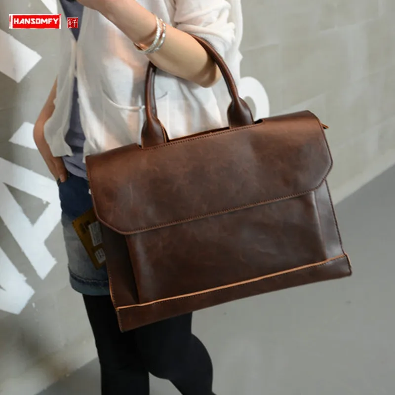 New Women Handbags Ladies Briefcase Computer Bag Shoulder Messenger Bags 14 Inch Laptop Briefcases Crazy Horse Leather Female