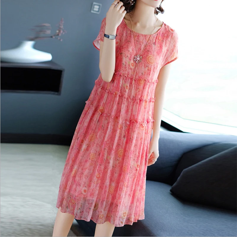 2018 летнее платье с коротким рукавом принтом элегантные платья круглым вырезом