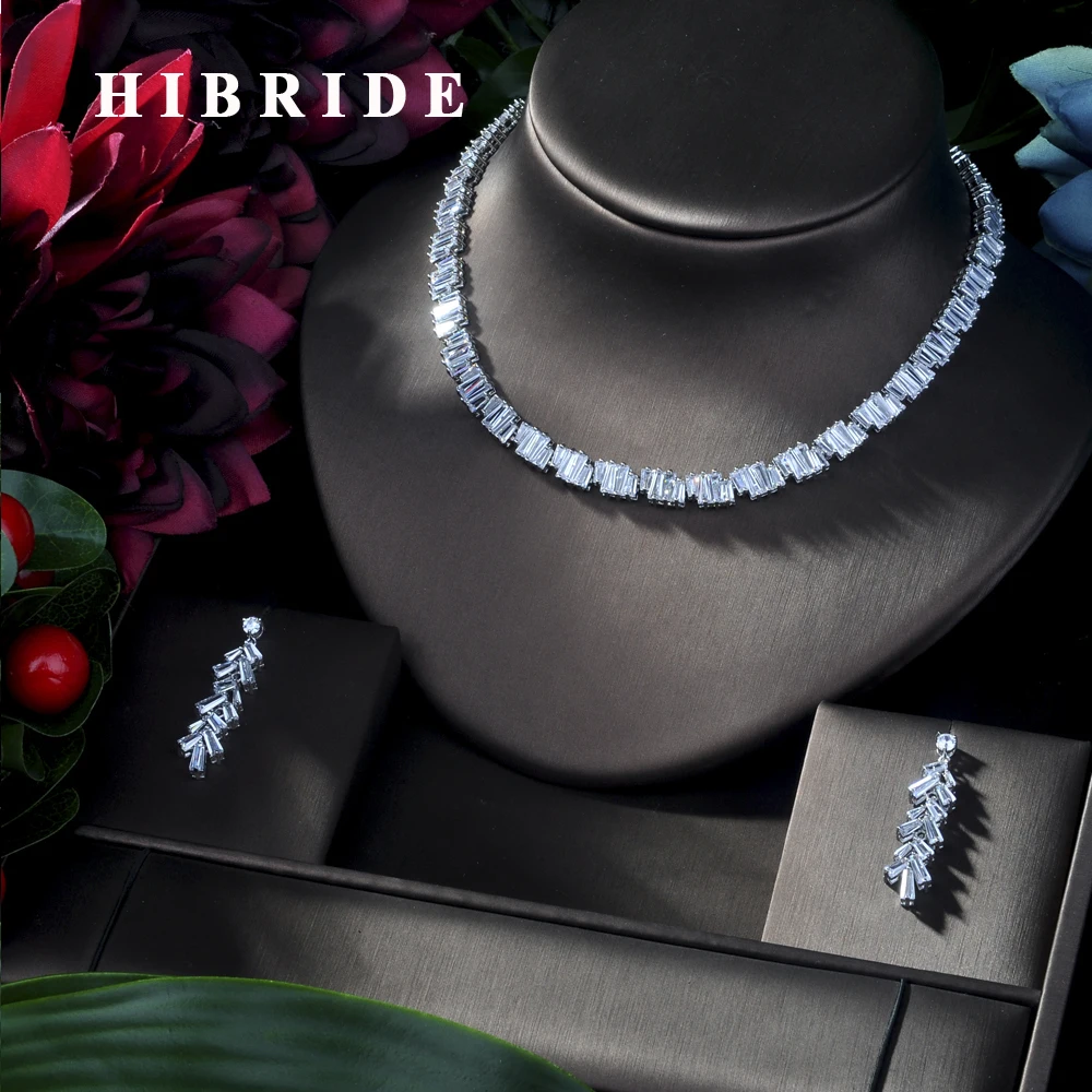 

HIBRIDE Luxury brilliant cubic Clear zirconia flower and cirrus fashion style wedding bridal earring necklace jewelry set N-169