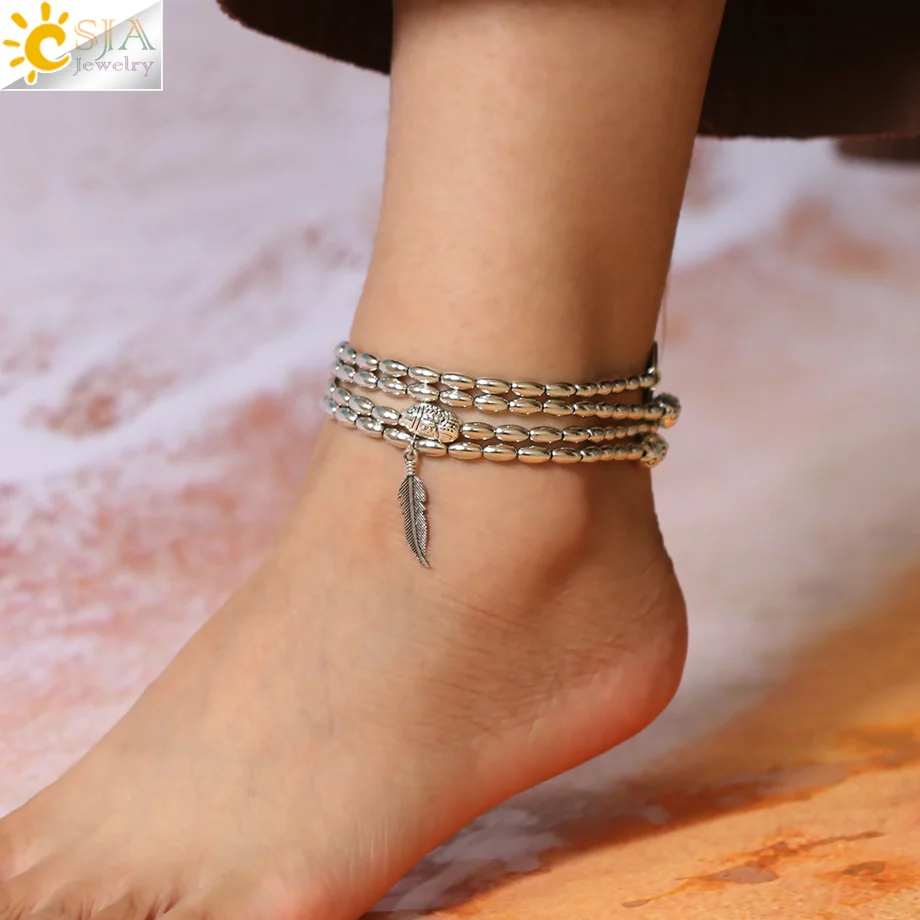 Тайское серебристого цвета CSJA очаровательные браслеты на ногу с подвеской в виде